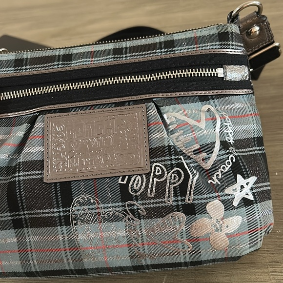 COACH POPPY Blue Plaid Silver Metallic Graffiti Purse Vintage - Picture 10 of 12